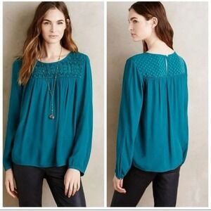 Meadow Rue Anthropologie‎ Women's Teal Green Laurel Smocked Top Size Medium